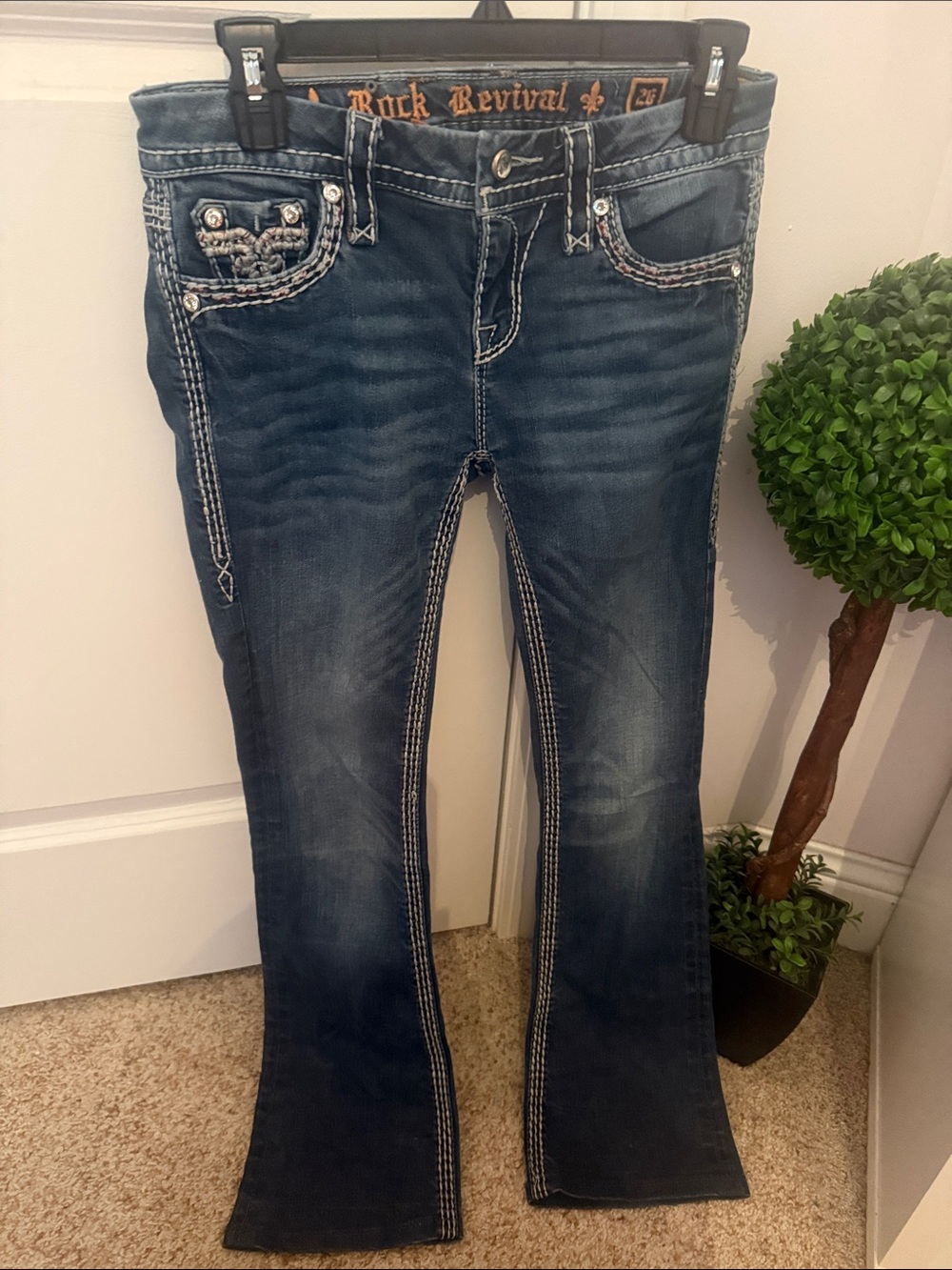 Rock Revival Women's Medium Dark Wash Bootcut Jeans with rhinestone embroidery